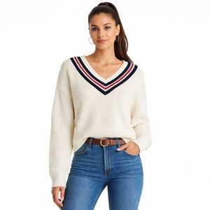 Love Cream V-Neck Sweater with Striped Detail